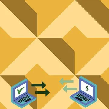 Exchange Arrow Icons Between Two Laptop Facing Each Other with Dollar Curr... Foto stock