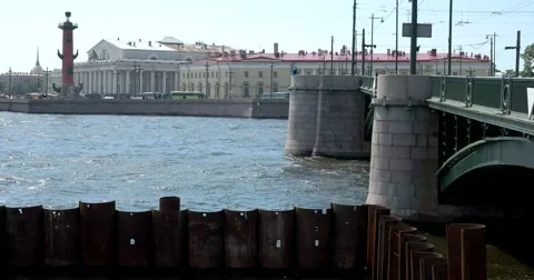 Exchange bridge, Rostral column, river Malaya Neva, Saint Petersburg Stock Footage 64987841