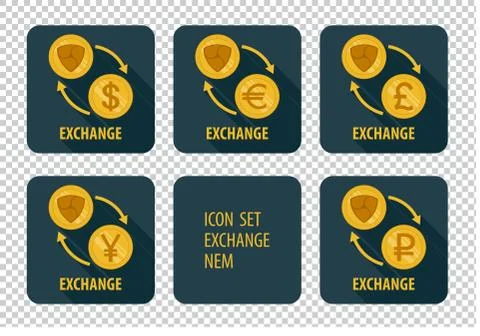 Exchange of cryptocurrency NEM vector icons on a dark background Stockillustratie