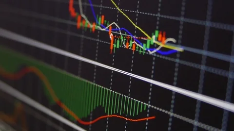 Exchange rates. Charts of stock exchanges. Profit and loss in business. Video stock 99443744