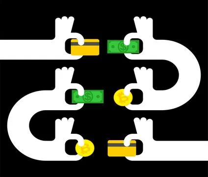 Exchanger work. Hands exchanged. Exchange money for cryptocurrency. Exchang.. Stock Illustration