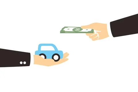 Exchanging concept, hands with car and dollars. Stock Illustration