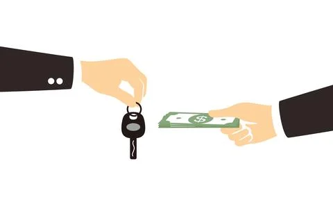 Exchanging concept, hands with car key and dollars. Stock Illustration