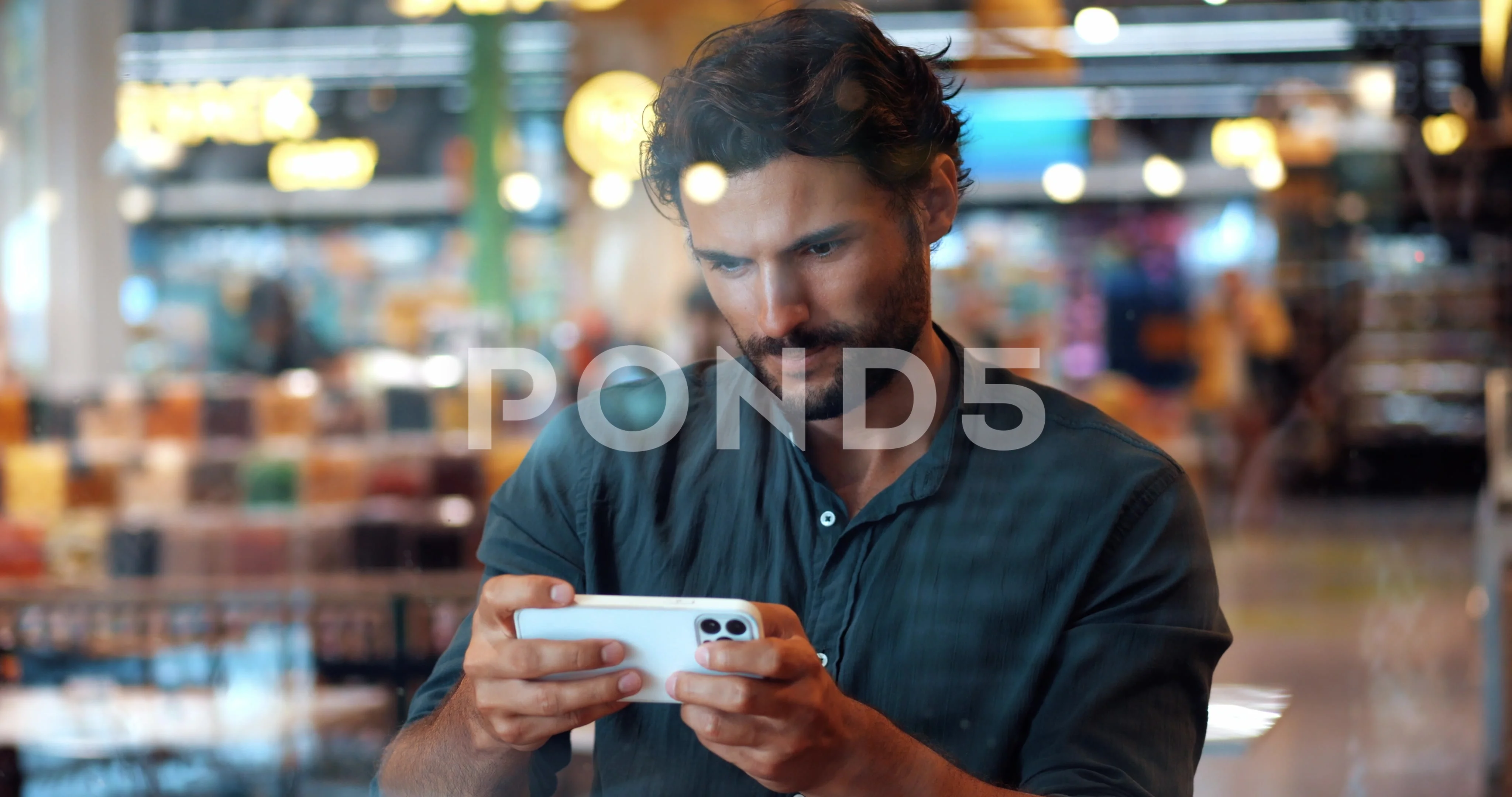 Mobile gadget dependence. Man bearded hipster play smartphone