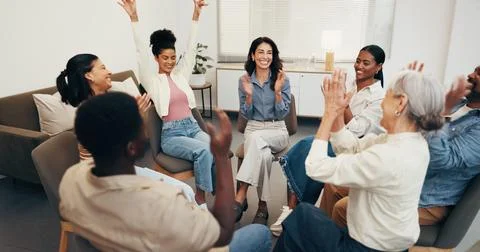 Excited, applause and support group in office, counseling or celebration fo.. Stock Photos