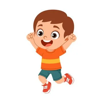 Excited Boy Expression Jumping with Raised Hands Flat Cartoon Character Stock Illustration