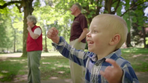 Excited boy jumping in park Stock Footage 64453571