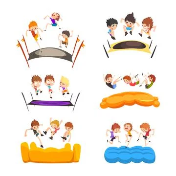 Excited Boy Jumping on Trampoline Bouncing and Having Fun Vector Set Stock Illustration