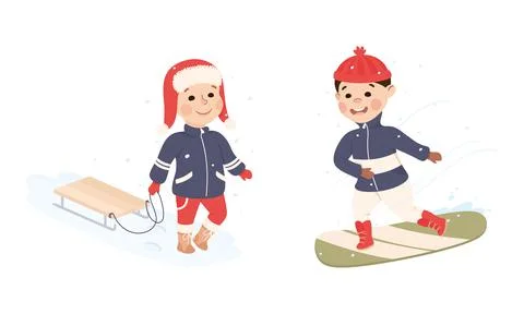 Excited Boy Pulling Sledge and Snowboarding Vector Set Stock Illustration