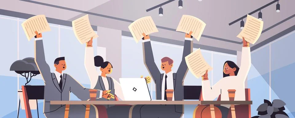 Excited business people holding paper documents businesspeople sitting at office Stock Illustration