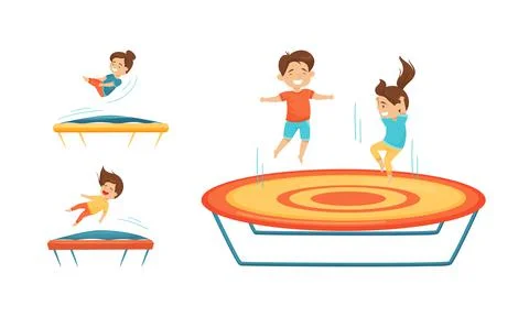 Excited Children Jumping on Trampoline Bouncing and Having Fun Vector Set Stock Illustration
