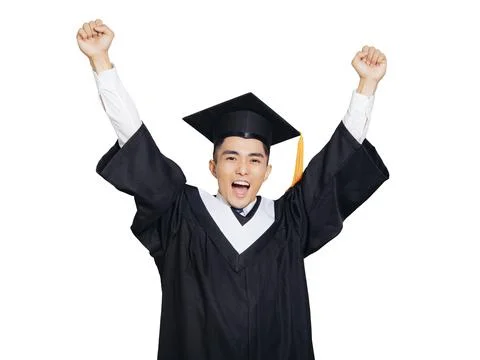 Excited college graduate throwing his hands in the air Stock Photos