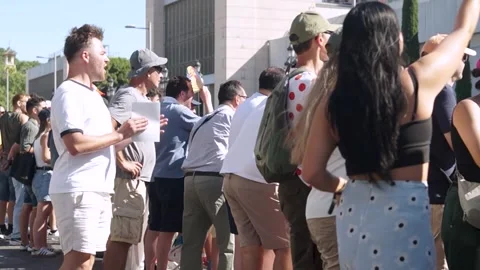 Excited Crowd Cheering, Clapping and Filming Tour De France Race, Barcelona Stock Footage 340050496