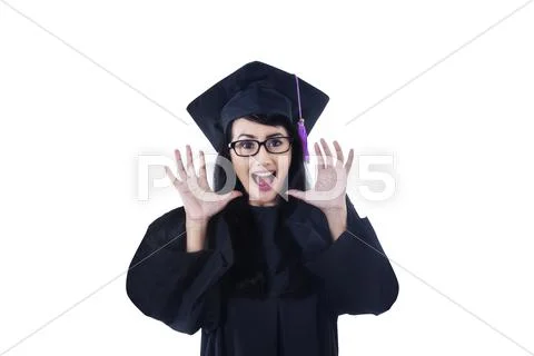 Excited female graduate screaming on white Stock Photos