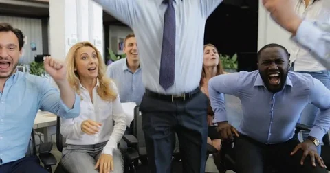 Excited Group Of Business People Jumping From Seats Happy Celebraing Success In Stock Footage
