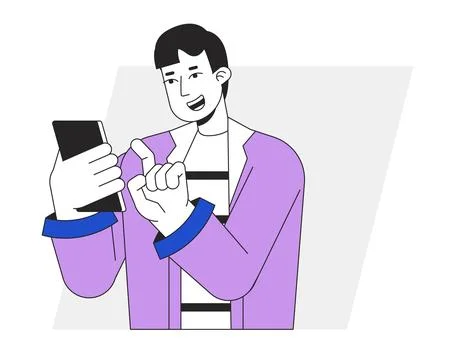 Excited guy playing on cell phone flat line vector spot illustration Stock-Illustration