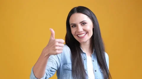 Excited lady manager make thumb up offer ads isolated shine color background Stock Footage 170009643