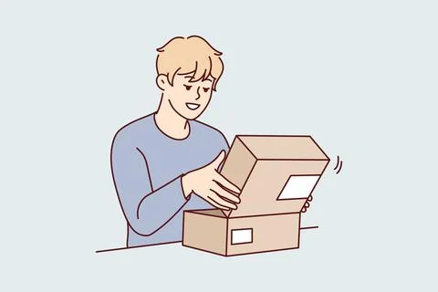 Excited man unpack post parcel Stock Illustration