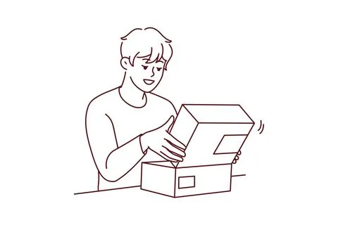 Excited man unpack post parcel Stock Illustration