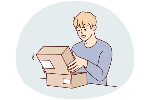 Excited man unpack post parcel Stock Illustration