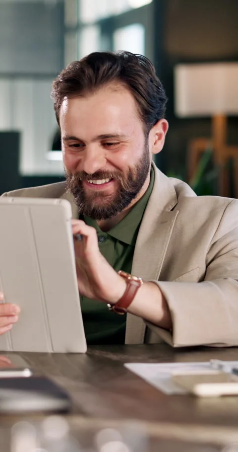 Excited, online and man with tablet in business, success or wealth manager with Stock Footage 340781301