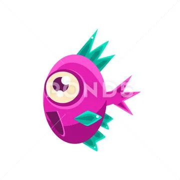 Excited Pink Fantastic Aquarium Tropical Fish With Spiky Turquoise Fins Cartoon Stock Illustration