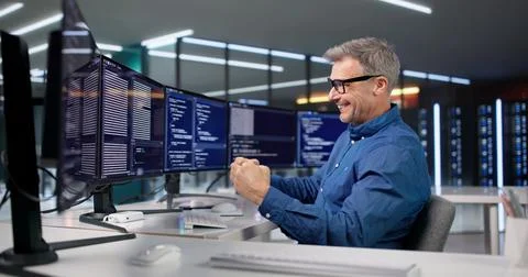 Excited Programmer Celebrates Win Optimizing Software Code In His Office. 写真素材