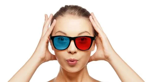 Excited young woman in red blue 3d glasses Stock Photos