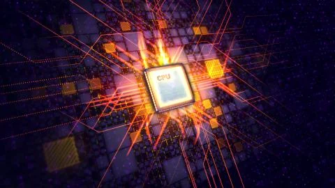 An exciting 3d illustration of a square CPU microprocessor with plasma arcs a Illustrazione stock