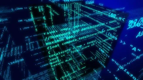 Exciting 3D rendering of the up to date cyberspace with flying numbers, mathe Stock Illustration