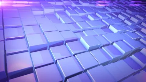 An exciting 3d rendering of white and blue cubes lit with shining aside beams Stock Illustration
