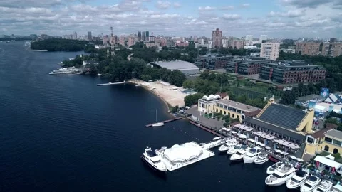 Exciting aerial view of the harbor with moored boats. wide angle view of the Stock Footage 201389306
