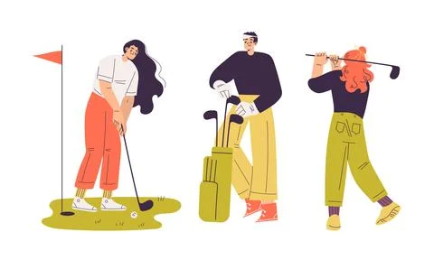 An Exciting and Dynamic Golfing Scene Featuring Three Distinct and Diverse Stock Illustration