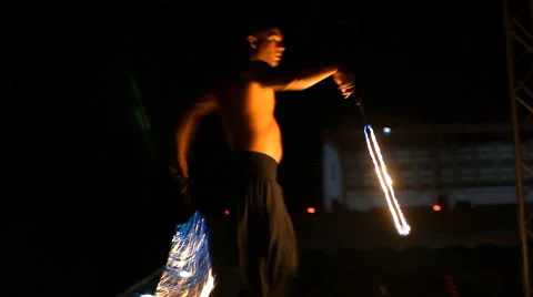 An exciting evening fire show Stock Footage 60212134