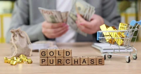 Exciting gold purchase process showcasing cash and ingots in a shopping setting Stock Footage 319752611