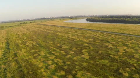 Exciting landscape of fields and rivers. Top view Stock Footage 68069790