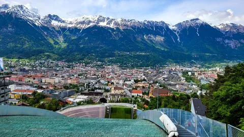 An exciting panoramic top view from the Bergisel ski jump stadium to the Stock Photos