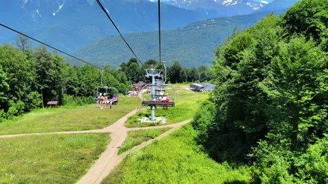 Exciting view on caucasian mountain range from cable car moving down. Stock-Footage 281553315