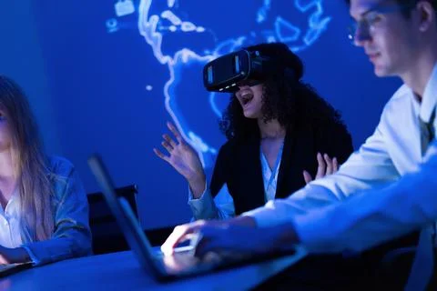 Exciting virtual reality experience in a tech lab during a late-night innov.. Stock Photos