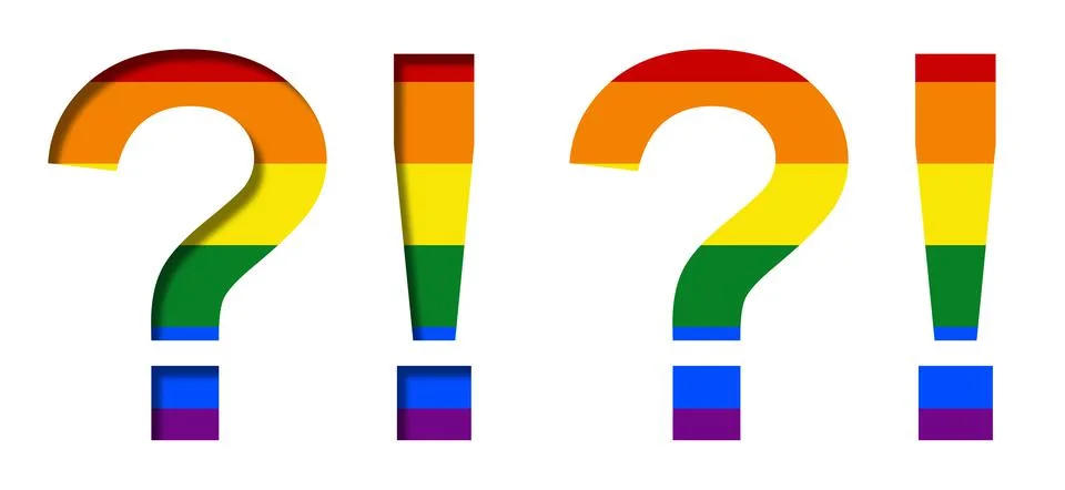 Exclamation and question marks on the background of the LGBT flag, volumetric Stock Illustration