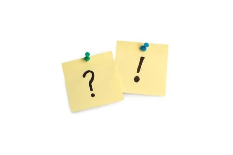 Exclamation mark and question mark drawn on a yellow sticky paper Stock Photos