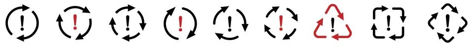 Exclamation mark in arrows forming cycle, two three and four arrow version... 스톡 일러스트