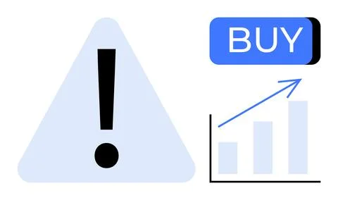 Exclamation mark in caution triangle, blue BUY button, and upward-trending ba Stock Illustration