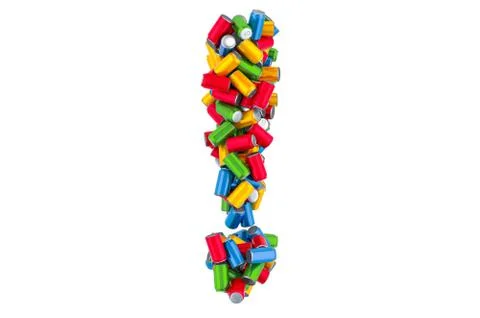 Exclamation mark from colored metallic drink cans, 3D rendering Stock Illustration