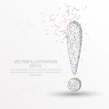 Exclamation mark digitally drawn low poly wire frame on white background. Stock Illustration