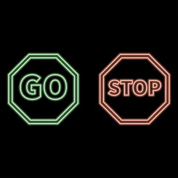 Exclamation mark, go and stop traffic neon signs set. Road signs or warnings  Stock Illustration