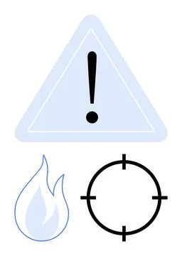 Exclamation mark inside a triangle, blue flame, and black target circle. Idea Illustrazione stock
