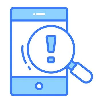 Exclamation mark on magnifier with mobile, vector of mobile notification alert  Stock Illustration