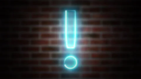 Exclamation mark neon sign on a background of brickwork, computer generated. 3d Stock Illustration