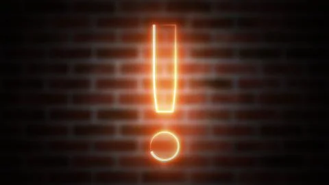 Exclamation mark neon sign on a background of brickwork, computer generated. 3d Stock Illustration